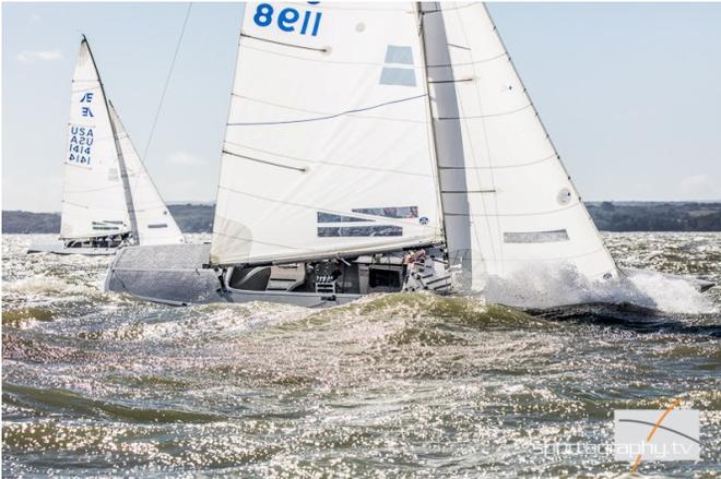 Day 4 – Scott Kaufman (USA), racing with Jesse Kirkland, Lucas Calabrase and Austen Andersen, have scored a bullet and a 15th in their last two races to move up to 8th overall. - Etchells World Championship © Sportography.tv